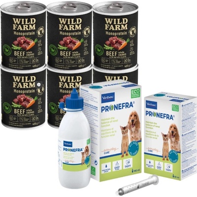 Virbac Pronefra pre psy a mačky 180 ml & WILD FARM Monoproteínové hovädzie 6x400g hypoalergénne krmivo pre psov