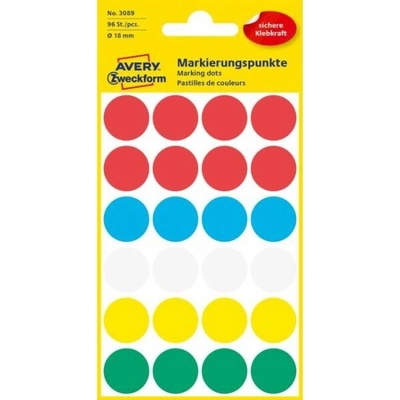 AVERY ZWECKFORM okrúhle 18 mm 5 rôznych farieb 96 etikiet bal 4 list