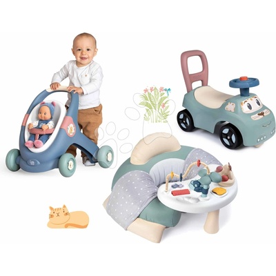 Set didaktické chodítko a kočárek s křeslem Baby Walker 3v1 + Baby Doll Little Smoby a odrážedlo s panenkou 30 cm