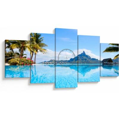 Obraz - Bora-Bora, Francúzska Polynézia (s hodinami), päťdielne 150x80 cm s hodinami