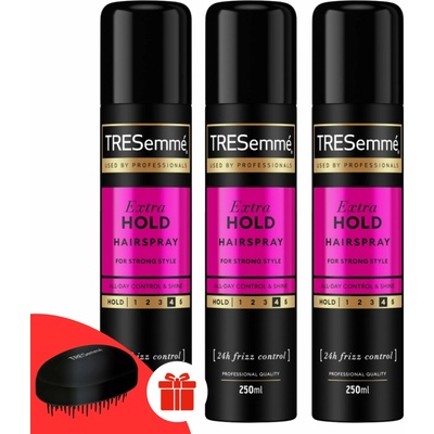Lak na vlasy TRESemmé s extra silnou fixáciou, 3x250ml + Darček TRESemmé hrebeň čierny