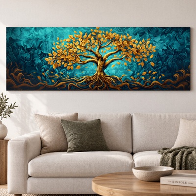 Obraz na plátně - Strom života Zlatý dotek FeelHappy.cz Rozměr obrazu (Šířka x Výška): 150 x 50 cm