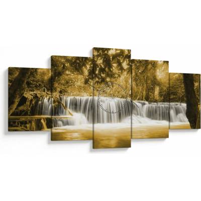 Obraz - Vodopád, vintage (s hodinami), päťdielne 150x80 cm s hodinami