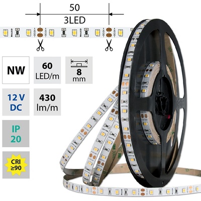 ML-121.830.60.0 SMD2835 NW, 60LED/m, 4,8W/m, DC 12V, 430lm/m, CRI90, IP20, 8mm
