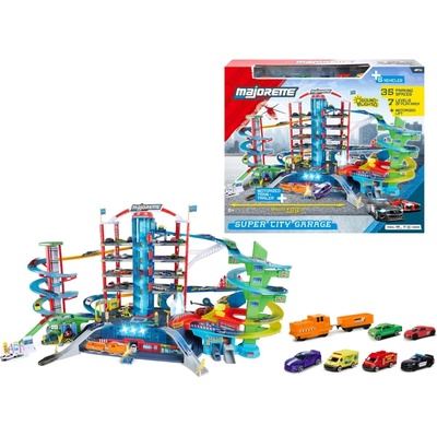 Majorette Super City Garage sedmipatrová garáž se 6 autíčky a vláčkem
