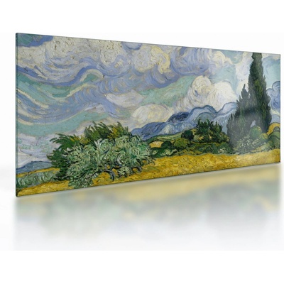 Skleněný obraz - Vincent van Gogh, Wheat Field with Cypresses, reprodukce, jednodílný 100x50 cm na skle