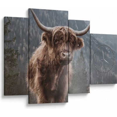 Obraz - Highlander kráva (s hodinami), Čtyřdílný 110x75 cm s hodinami