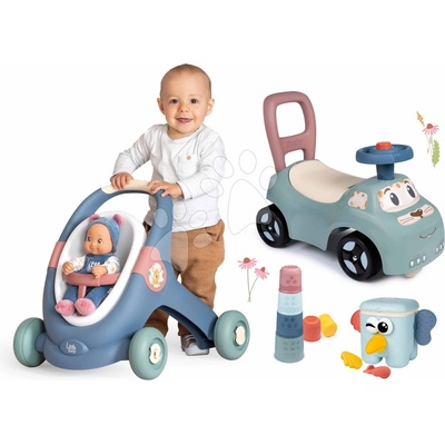 Set didaktické chodítko a kočárek s kouzelnou kostkou Baby Walker 3v1 + Baby Doll Little Smoby s panenkou 30 cm a odrážedlo