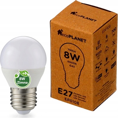ecoPLANET LED žiarovka E27 G45 8W 700lm studená biela