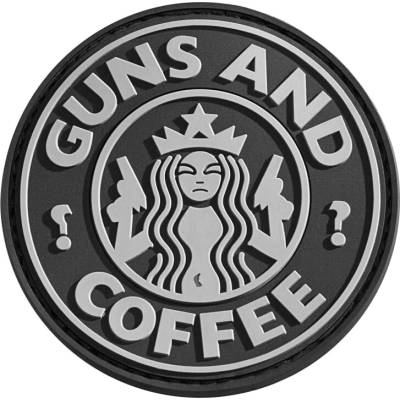Gumová nášivka Jackets to Go nápis Guns and Coffee - čierna-sivá