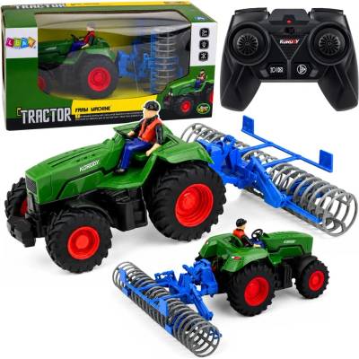 LEAN Toys Zelený RC traktor s poľným valcom a figúrkou farmára 1:24 RTR