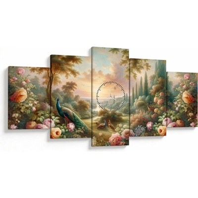 Obraz - Pávi v zahradě (s hodinami), pětidílný 150x80 cm s hodinami