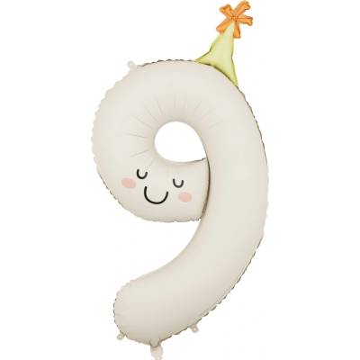 PartyDeco Fóliový balónek narozeninové číslo 9 Krémový s čepičkou 86 cm