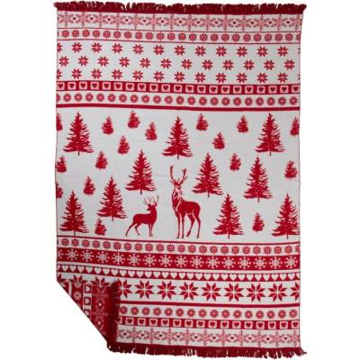 Mars & More Bílo-červený oboustranný pléd s jeleny Nordic Deer XL 150x200x3