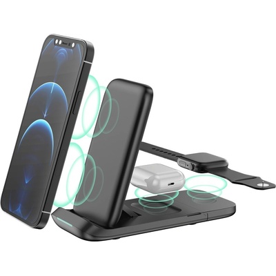 AppleMix Stojánek / bezdrátová nabíječka Qi / hodiny 4v1 - pro Apple iPhone + Watch + bezdrátové AirPods + hodiny - černý – Hledejceny.cz