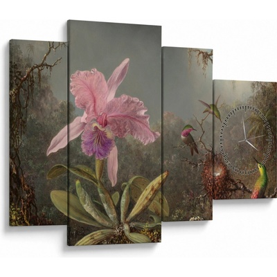 Obraz - Martin Johnson Heade, Cattleya Orchid and Three Hummingbirds, reprodukce (s hodinami), Čtyřdílný 110x75 cm s hodinami