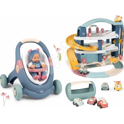 Set didaktické chodítko a kočárek s garáží Baby Walker 3v1 + Baby Doll Little Smoby s panenkou 30 cm a kufřík s autíčky