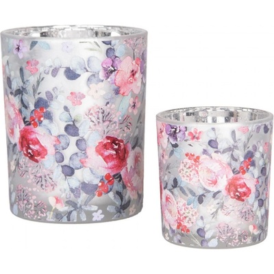 Sada 2 šedé skleněné svícny růžovo-fialové květy – 10x21 cm