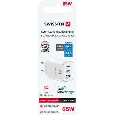 SWISSTEN SÍŤOVÝ ADAPTÉR EDGE GaN 2x USB-C PD 65W + 1x USB-A 18W QC BÍLÝ