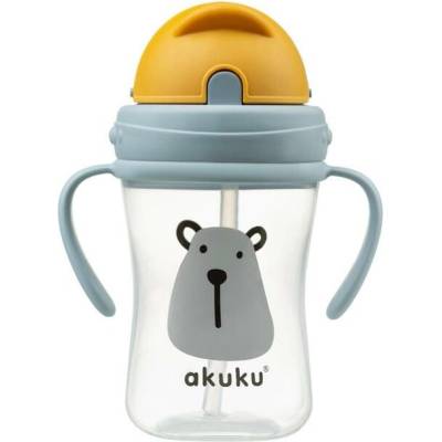 Akuku Lahvička/hrneček s úchyty a brčkem Medvěd 300 ml šedá/žlutá