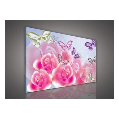 Obraz na plátne obdĺžník - OB0143 - Ružová ruža a motýle 100cm x 75cm - O1
