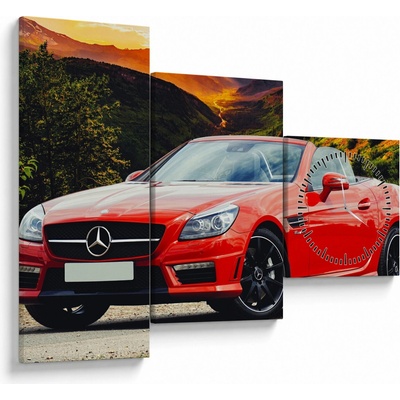 Obraz - červený Mercedes (s hodinami), trojdielne 90x70 cm s hodinami