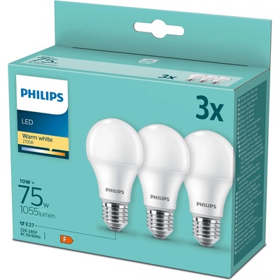 Philips LED sada žiaroviek 3x10W-75W E27 1055lm 2700K set 3ks, biela