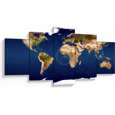 Obraz - Mapa sveta (s hodinami), päťdielne 150x80 cm s hodinami