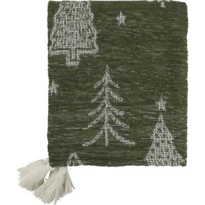 Chic AntiqueZelený žinilkový přehoz pléd s vánočními stromečky a střapci Aix 150x130 cm