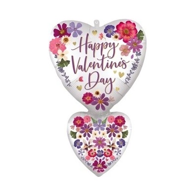 Anagram Foliový balonek dvojité srdce s květy Happy Valentine's Day 50cm x 78cm