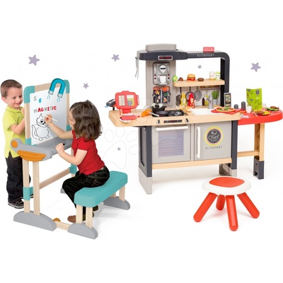 Smoby Set reštaurácia s elektronickou kuchynkou Chef Corner Restaurant a lavica na písanie a kreslenie skladacia s magnetickou tabuľou
