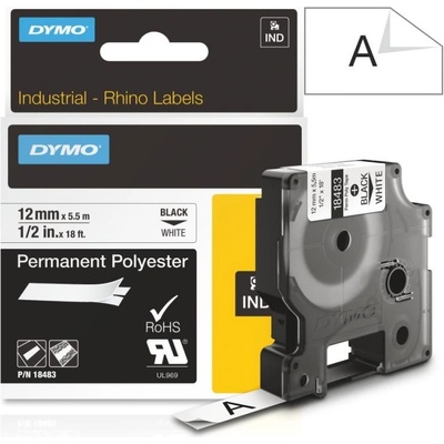 Páska Dymo Rhino PES, 12mm (18483) bílá, černý tisk, 5,5m