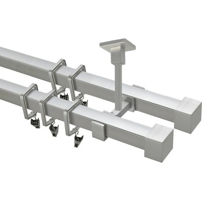 OK-GarnýžeCZ Garnýž kovová hranatá dvouřadá 20x20mm Klasik satina 140 cm do stěny / kroužky s háčkem