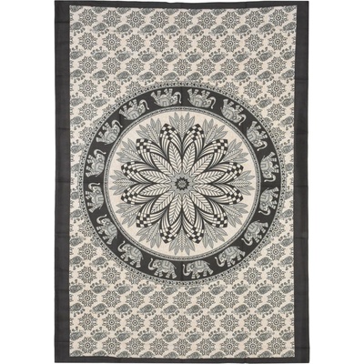 Sanu Babu Přehoz na postel s potiskem mandala listy, béžový a černý tisk, 140x202cm