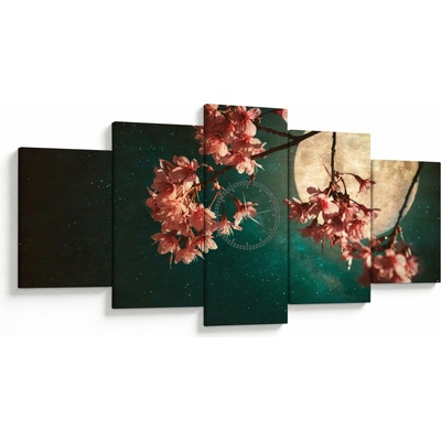 Obraz - Sakura v úplňku (s hodinami), pětidílný 150x80 cm s hodinami