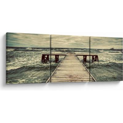 Obraz dřevěného mola na moři, třídílný 90x30 cm