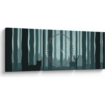 Obraz - Jeleň s vlkom v skalách (s hodinami), trojdielne 90x30 cm s hodinami