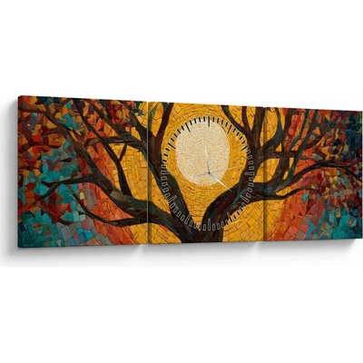 Obraz - Slnko v korune stromu života (s hodinami), trojdielne 90x30 cm s hodinami