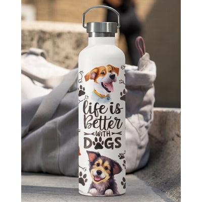 Canvas termoska s bambusovým víčkem Life is better with dogs 500 ml Bílá