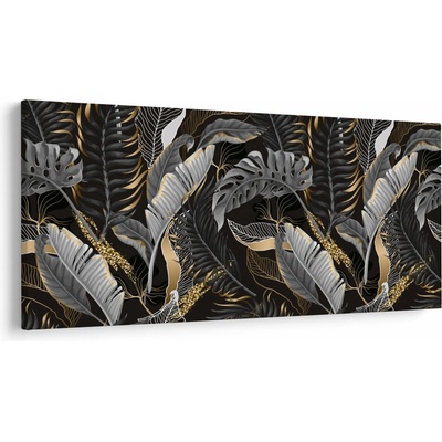 Obraz - Tropické listy v čierno-zlatej, jednodielne 250x125 cm