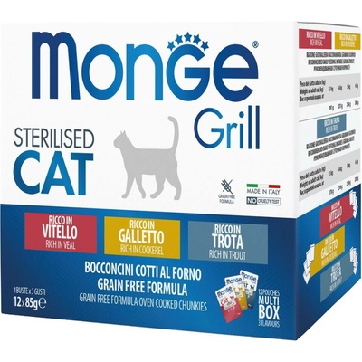 Monge Grill Sterilised smíšená sousta telecí kohoutí pstruh 12 x 85 g