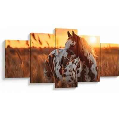Obraz - Kôň pri západe slnka (s hodinami), päťdielne 150x80 cm s hodinami