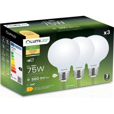 Lumiled 3x LED žiarovka E27 G95 8W = 75W 3000K Teplá biela 360° Filament mliečna bublina