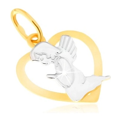 Šperky Eshop Dvojbarevný přívěsek ze zlata 14K kontura pravidelného srdce modlící se anděl S1GG22.16