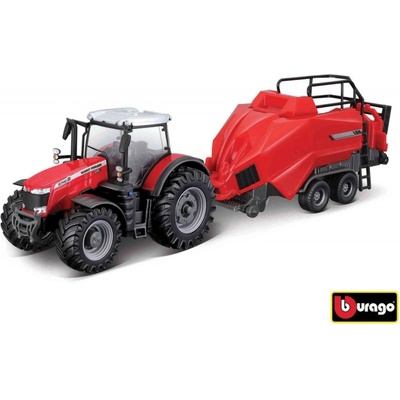 Bburago Farm Traktor Massey Ferguson 8740S + Baler Lifter Rood 1:50