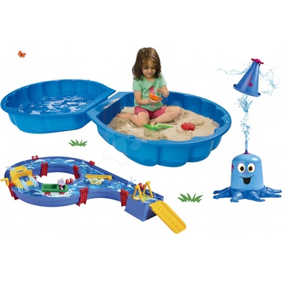 BIG Set pieskovisko mušľa dvojdielne Watershell Blue modré a vodná dráha so striekajúcou chobotnicou