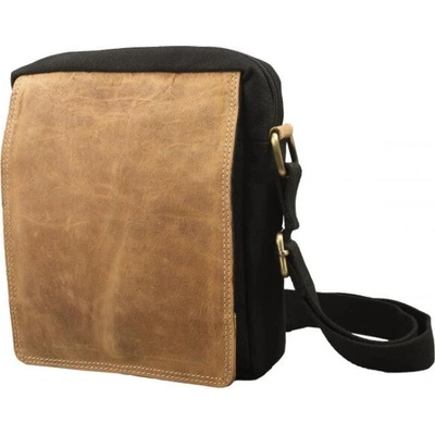 Crossbody kabelka s klopou plátno s buvolí kůží černá/světle béžová