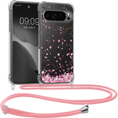 kwmobile Crossbody kryt pro Google Pixel 9 Pro XL růžové květy / tmavě hnědá / transparentní