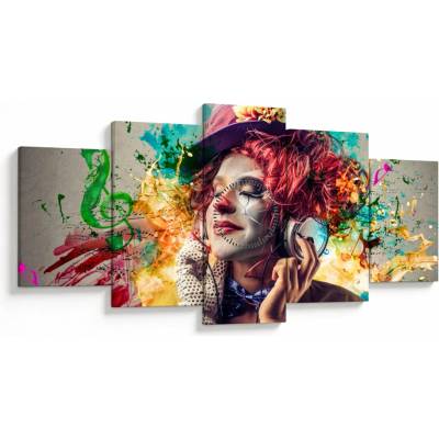 Obraz - Umelkyňa so slúchadlami (s hodinami), päťdielne 150x80 cm s hodinami