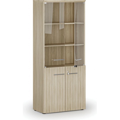 Primo Kombinovaná kancelářská skříň WOOD s dřevěnými a skleněnými dveřmi, 1781 x 800 x 420 mm, dub přírodní – Hledejceny.cz